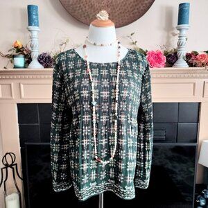 Max Studio Floral Medallion Top XL Forest Green Accordian Pleats Bell Sleeves